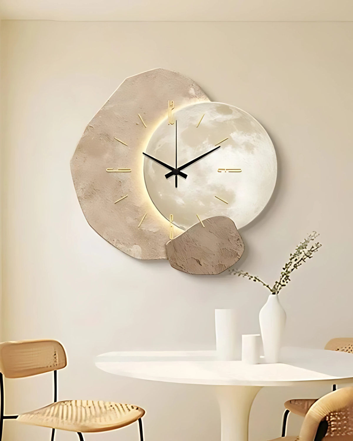 Wandklok met Maanreliëf en Optionele Verlichting Zwart Goud Betonlook Scandinavisch Interieur Decoratief Tijdweergave Woonkamer Slaapkamer Kantoor Modern Minimalistisch Wanddecoratie