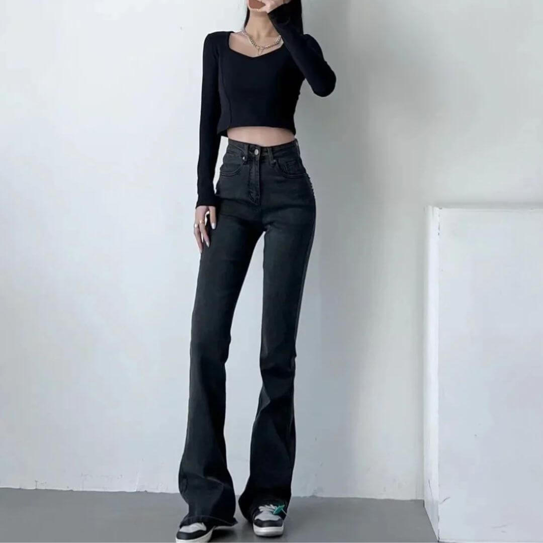 Dames Hoge Taille Flared Jeans met Franjes