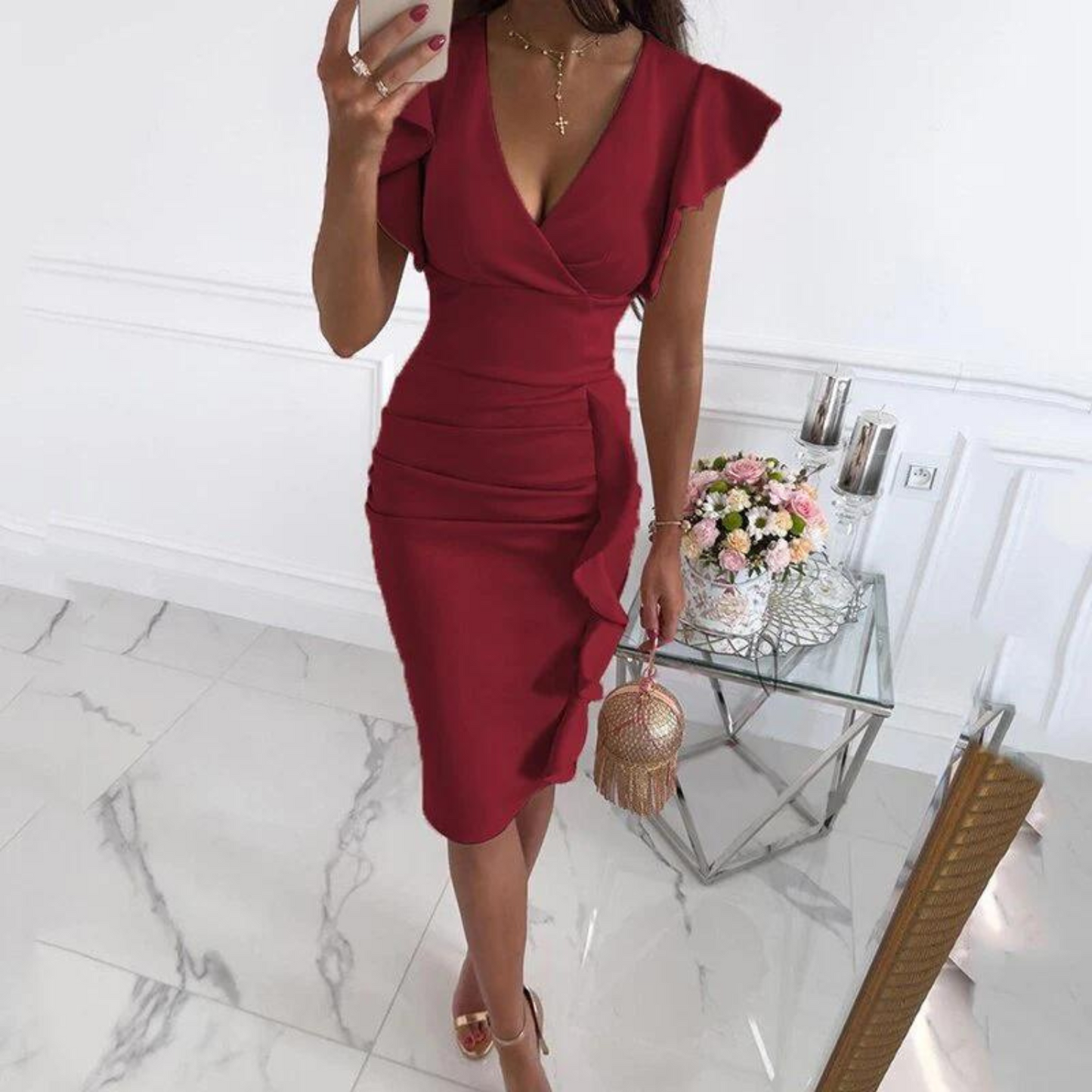 Jurk met Plooi Mouwen en V Hals Elegant Design