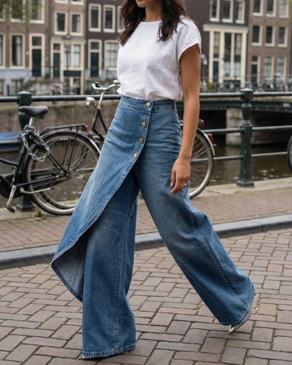 Dames Wide Leg Jeans Rok High Waist Asymmetrisch