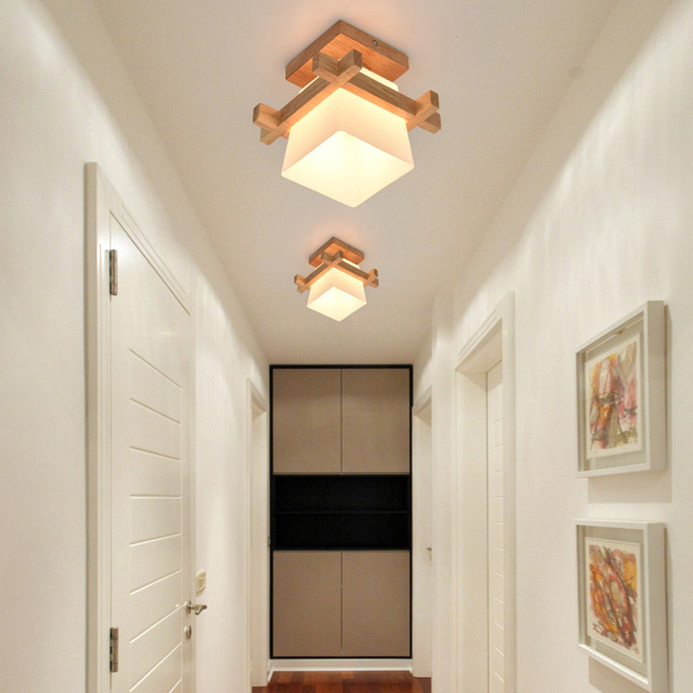 LED plafondlamp hout E27 wit Japandi hal slaapkamer woonkamer 20 cm vierkante plafondlamp Japanse stijl