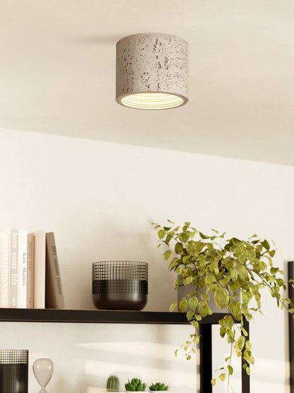 Cilindrische plafondlamp van travertijn – LED verlichting voor moderne interieurs