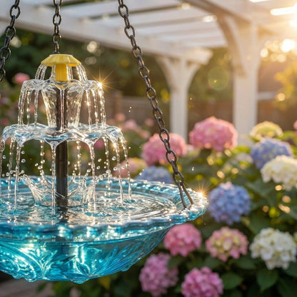 Hangende Zonnevogeldrinkbak Glas Fontein 2-Traps 25,5cm Tuin Terras Balkon Zonne-energie Kabellos Vogelbad Waterval Blauw Roze Zwart