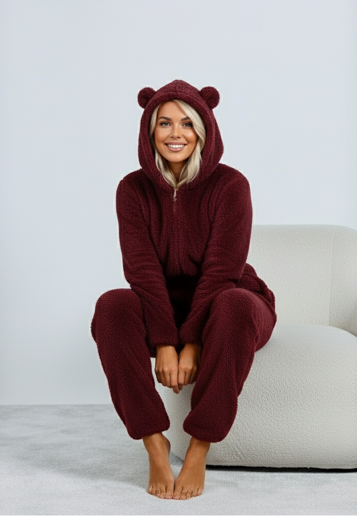 Dames Teddy Onesie Zacht met Beren Oortjes Comfortabele Pyjama
