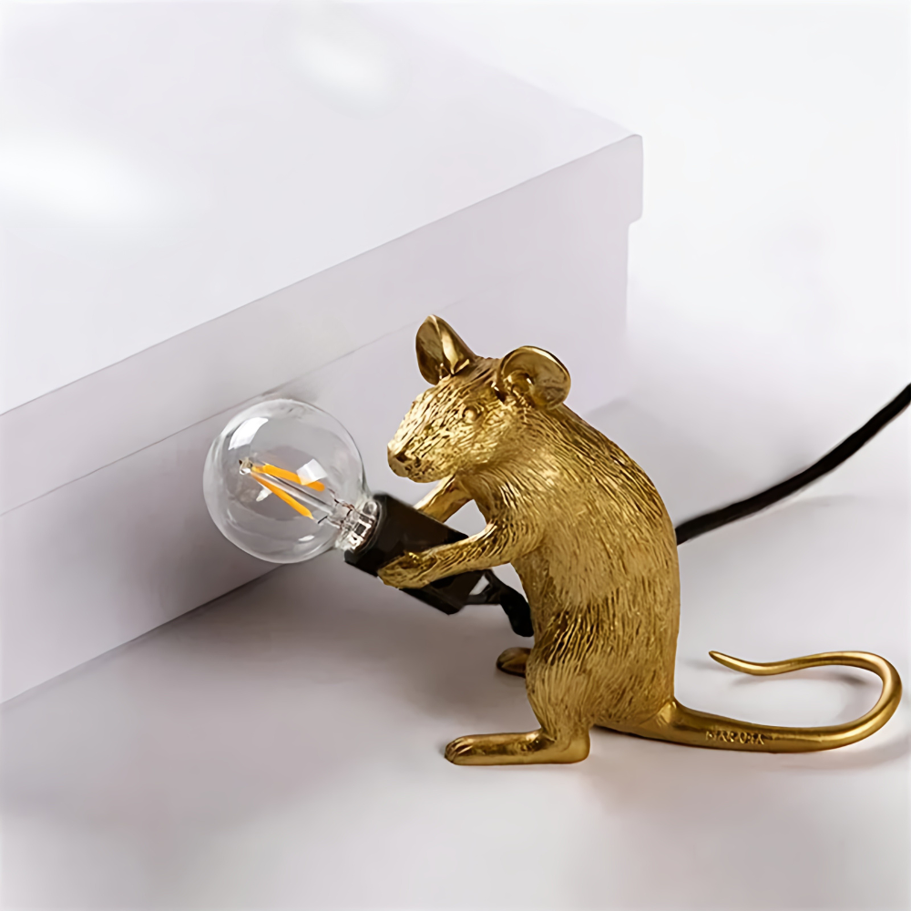 Decoratieve Tafellamp met Dierenfiguur – Hars – Gouden en Witte Muis – E12 – Warme Sfeerverlichting voor Woonkamer Slaapkamer Kantoor