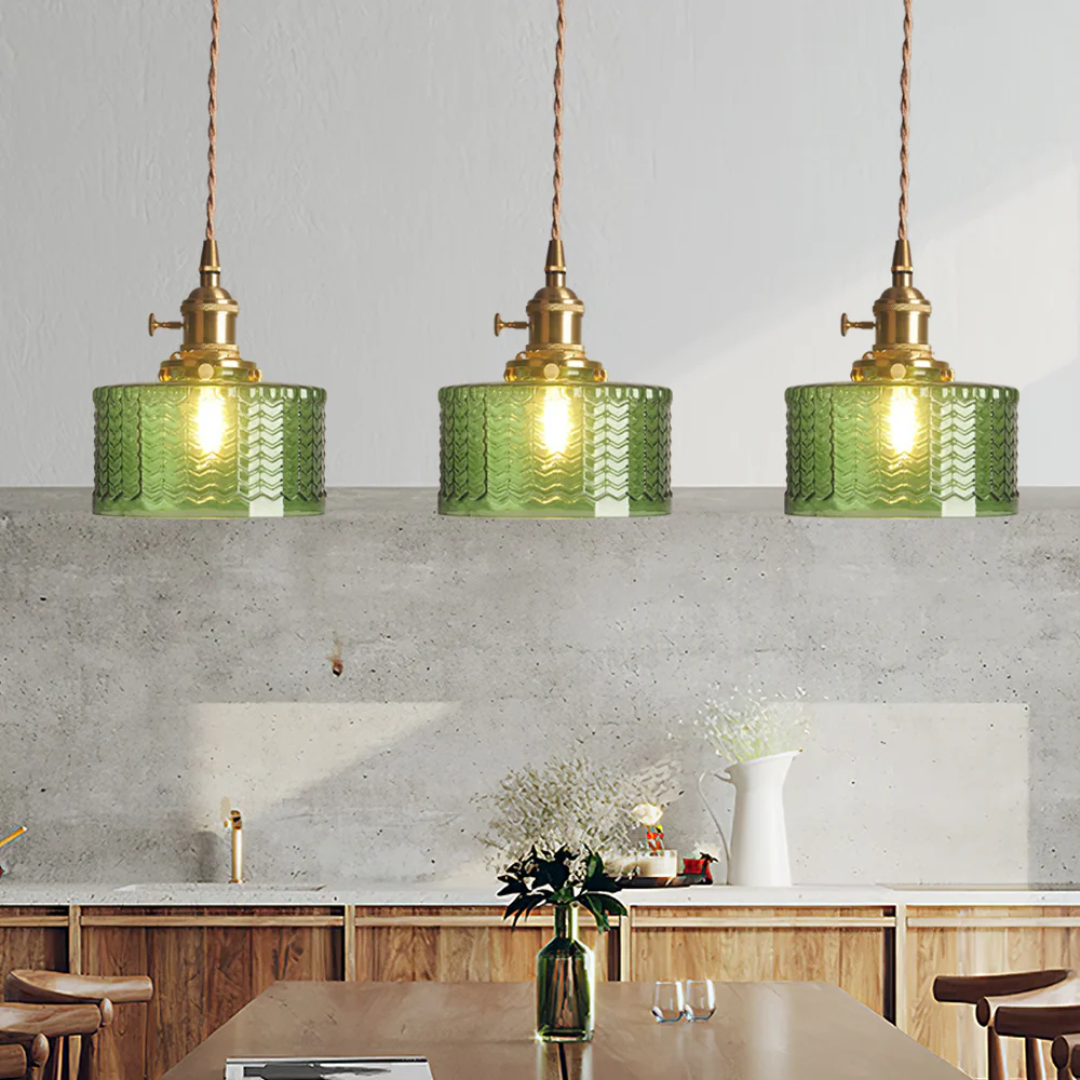 Quilivon Hanglamp Glas Messing Groen E27 Keuken Eettafel Retro Verlichting Geribbeld Glas Design