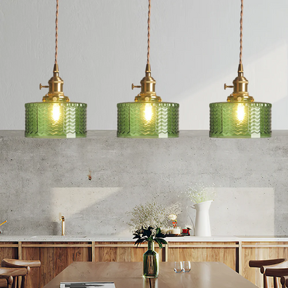 Quilivon Hanglamp Glas Messing Groen E27 Keuken Eettafel Retro Verlichting Geribbeld Glas Design