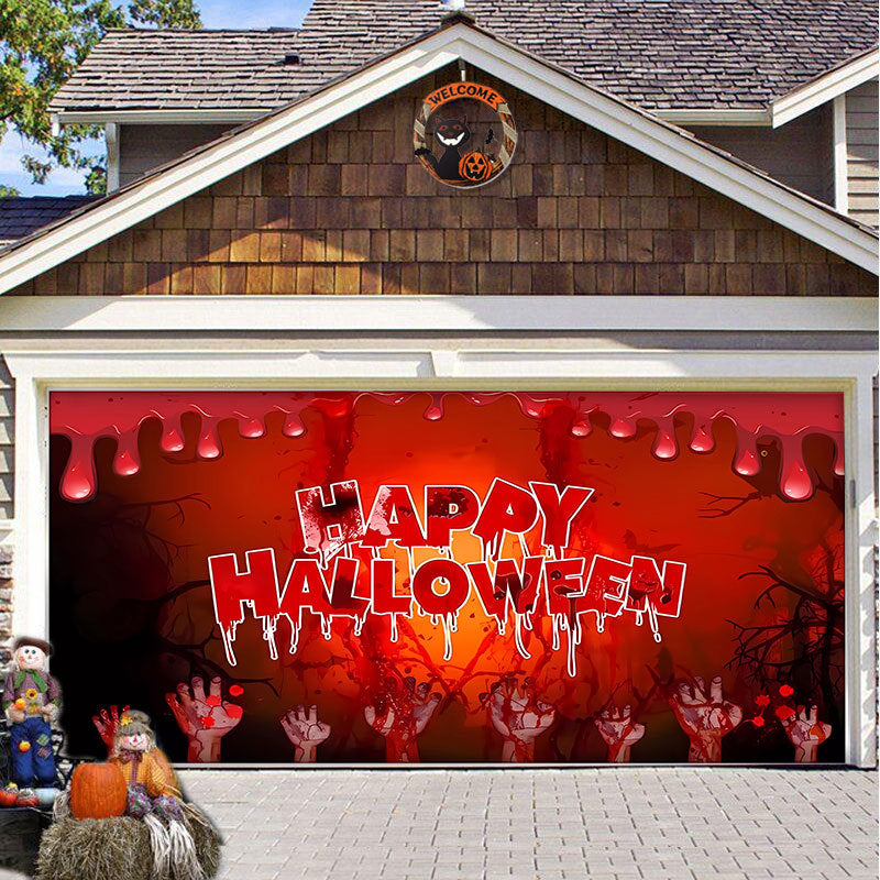 Halloween Garagedeur Decoratie Spookachtige Bedrukking Schaduwdoek Herbruikbaar Horror Sfeer Doek Waterdicht Buiten Feestversiering