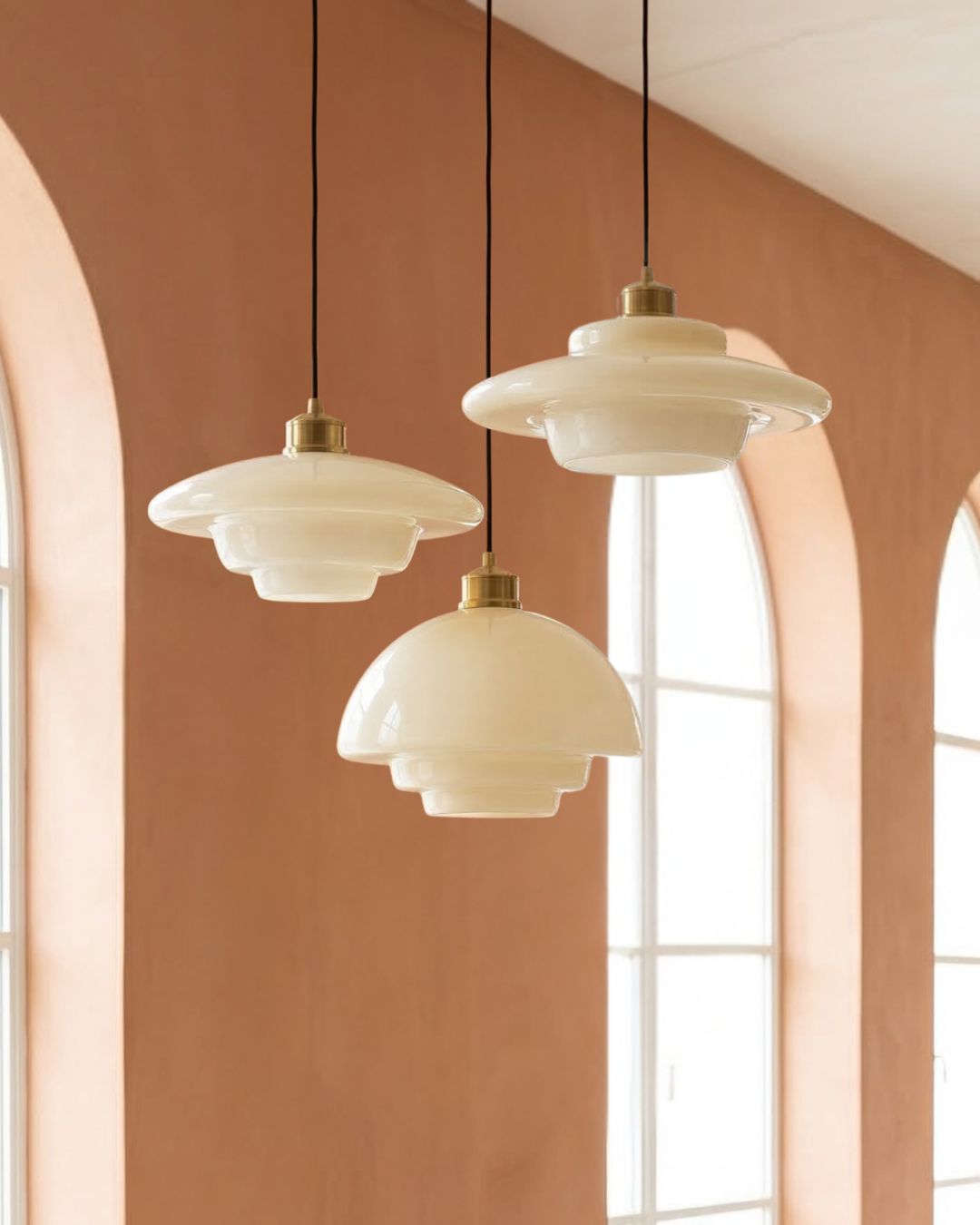 TINA Hanglamp – Mid-Century Melkwit Glas met Geborsteld Messing | Moderne Eetkamer & Keukenverlichting | Verstelbaar | E27 Fitting