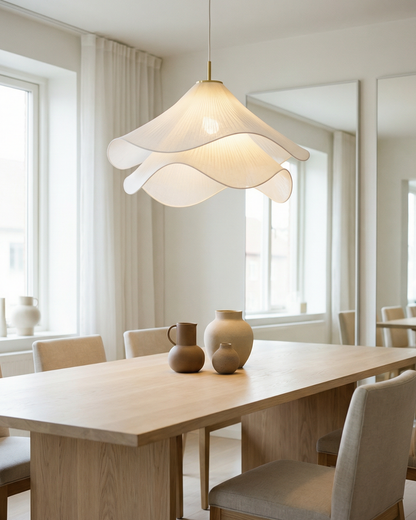 Elegante Bloemvormige Hanglamp Met Gelaagde Stoffen Kap En Gouden Accent