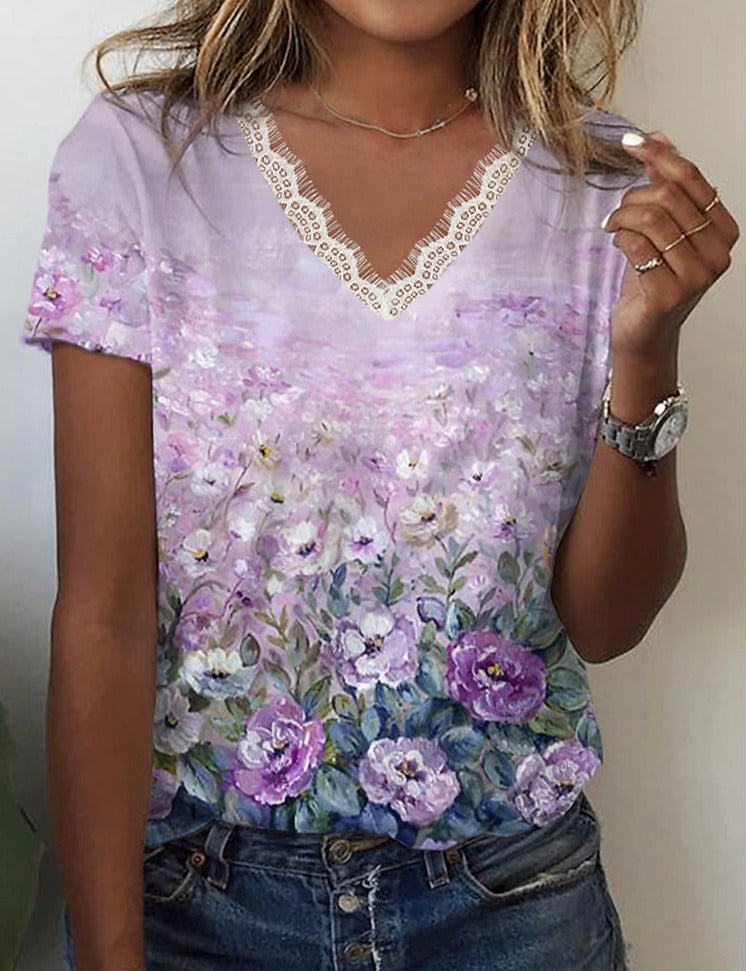 Dames T-shirt V-hals Zomerse Kleuren Modisch