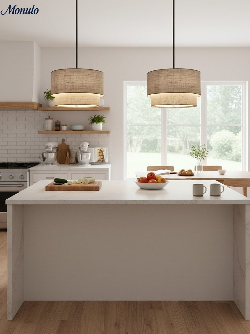Dubbele Stoffen Drum Hanglamp – Moderne Gelaagde Kap Plafondlamp voor Eetkamer Woonkamer