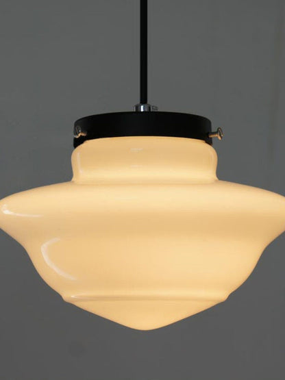 Vintage Art Deco Melkglas Hanglamp met Gestreepte Kap voor Eetkamer en Woonruimte