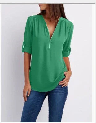 Vrouwelijke Blouse met Halve Rits en Elegante Halslijn → Vrouwelijke Blouse Elegante Halslijn Halve Rits