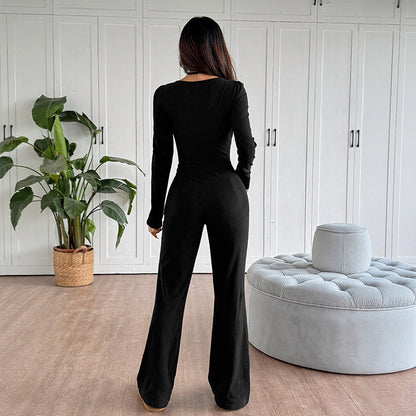 Dames Jumpsuit Strikdetail Wijde Pijpen Slim Fit