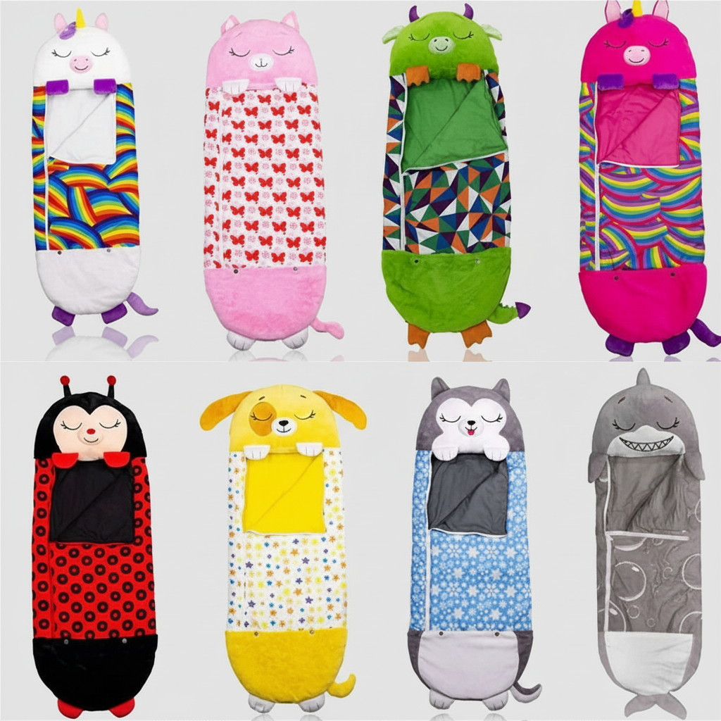 Opvouwbare Kinderslaapzak in Dierenvorm – Knuffelkussen 2-in-1 voor Dutjes, Logeren en Reizen