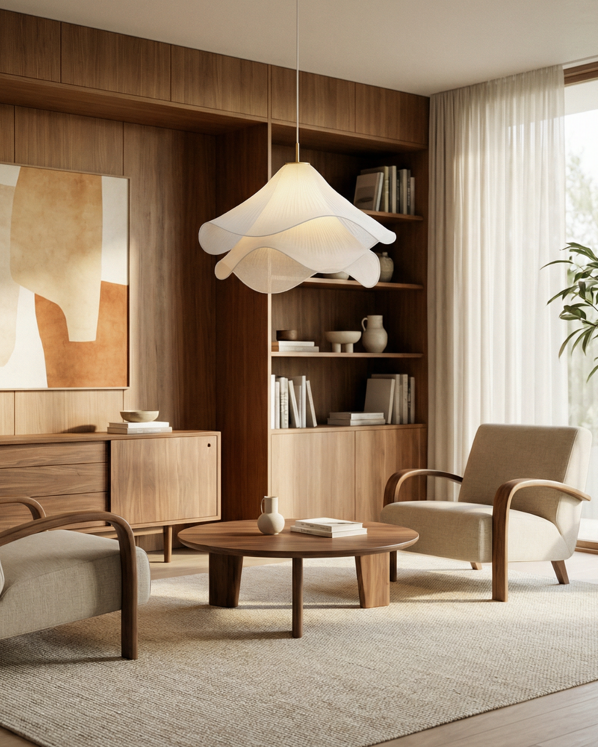 Elegante Bloemvormige Hanglamp Met Gelaagde Stoffen Kap En Gouden Accent