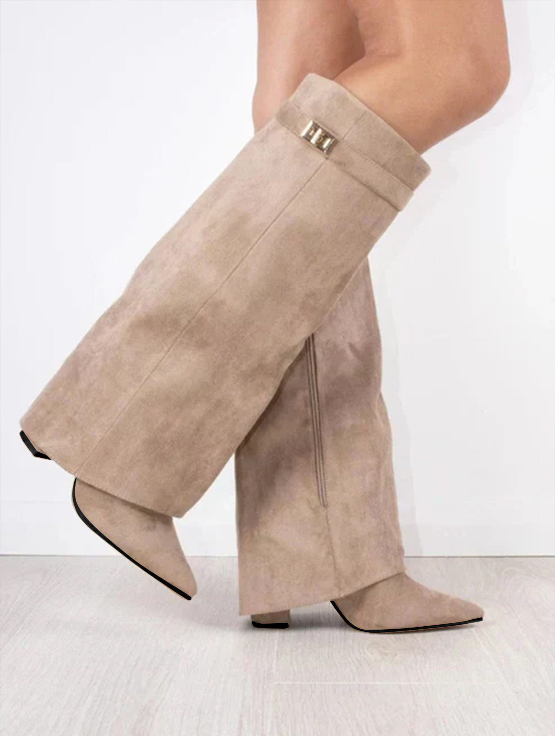 Dames Laarzen met Klapmouw 8,5 cm Blokhak Zacht Gevoerd 42 Zwart Beige Bruin