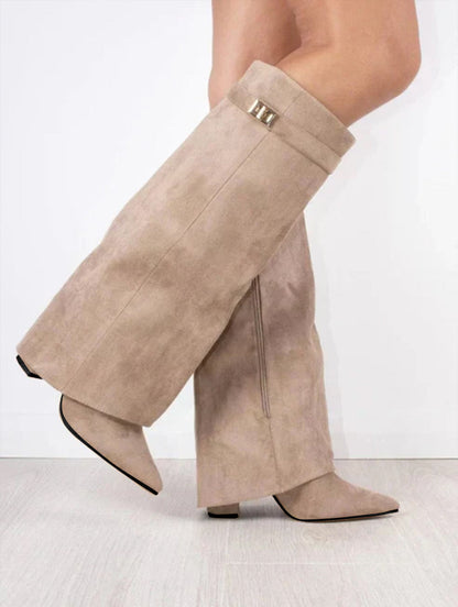 Dames Laarzen met Klapmouw 8,5 cm Blokhak Zacht Gevoerd 42 Zwart Beige Bruin