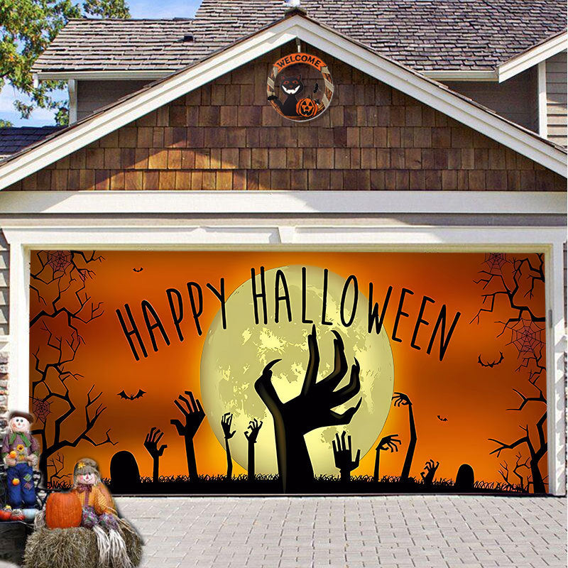 Halloween Garagedeur Decoratie Spookachtige Bedrukking Schaduwdoek Herbruikbaar Horror Sfeer Doek Waterdicht Buiten Feestversiering