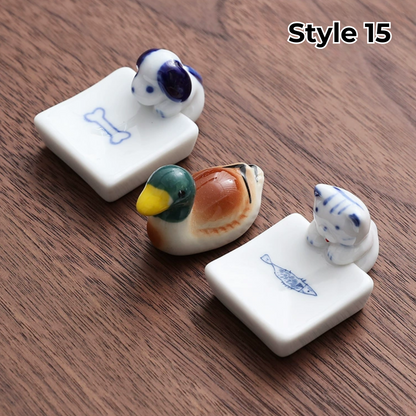 Keramische Eetstokjessteun met Dier- en Fruitmotieven – Set van 3