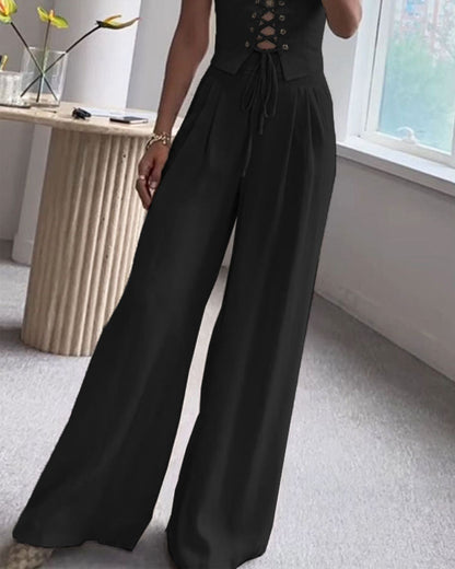 Dames Tweedelige Set Tweed met Strik Wijde Broek
