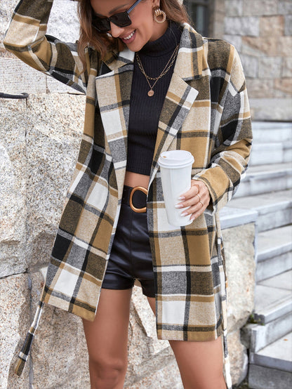 Dames Jas Geruit met Ceintuur Trendy Stijl