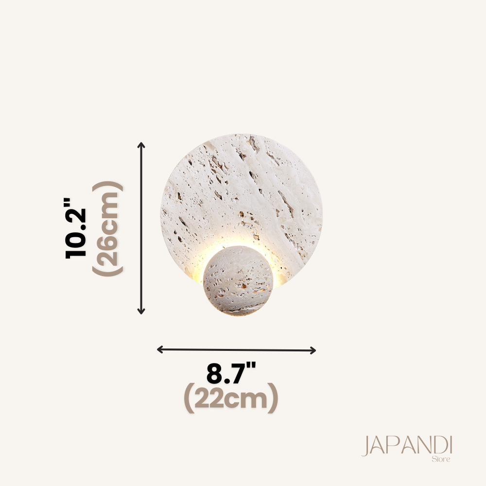 Japandi Wandlamp Travertijn Rond Eclipse Bol Warm Licht Slaapkamer Woonkamer Natuursteen