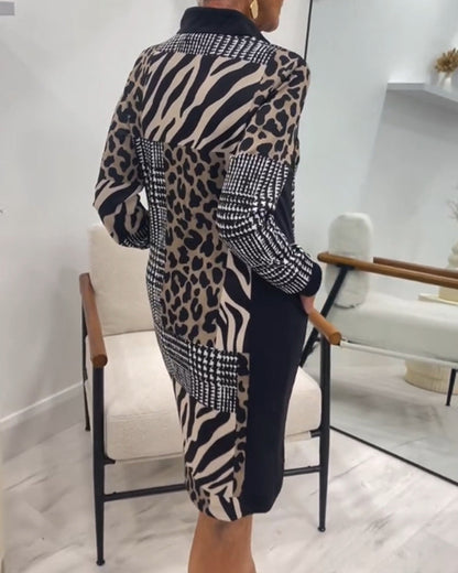 Dames Midi Jurk Lange Mouwen Patchwork Print Stijlvol Party