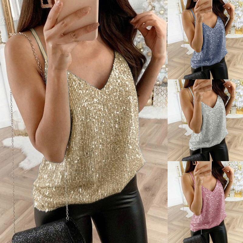 Dames Top Glitter Pailletten Spaghetti Bandjes