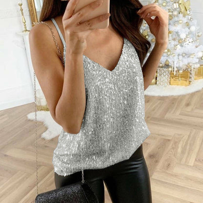 Dames Top Glitter Pailletten Spaghetti Bandjes