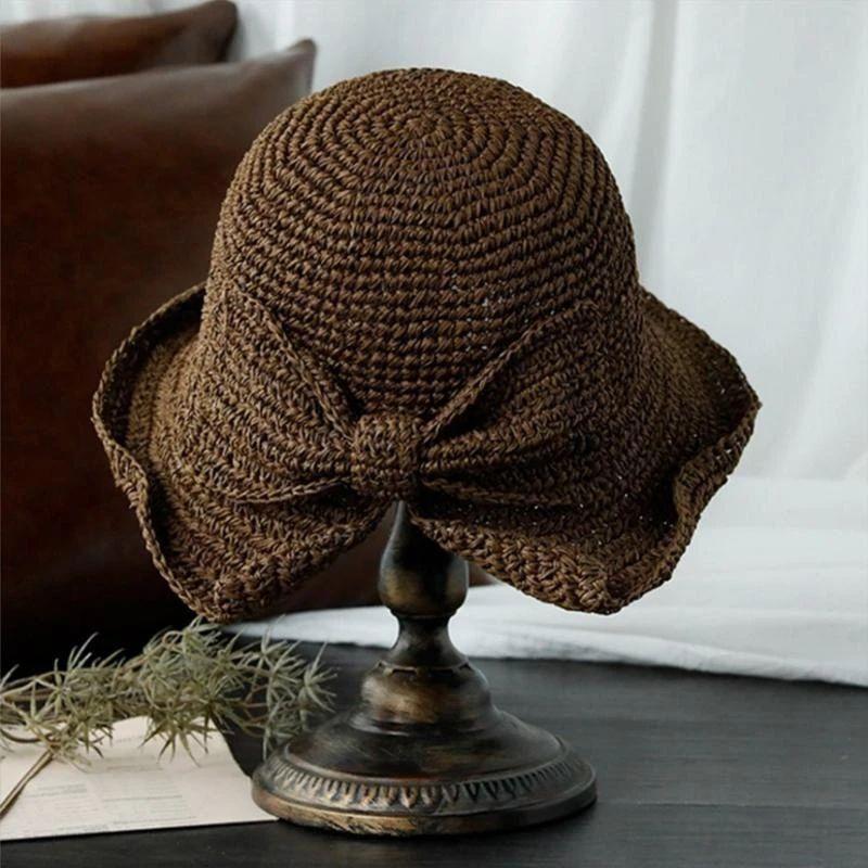 Zomerhoed met Strik en Brede Rand Dames Zonbescherming Strandhoed Ademend Katoen Khaki Beige Bruin Vakantie