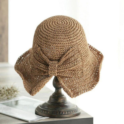 Zomerhoed met Strik en Brede Rand Dames Zonbescherming Strandhoed Ademend Katoen Khaki Beige Bruin Vakantie