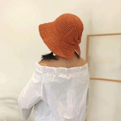 Zomerhoed met Strik en Brede Rand Dames Zonbescherming Strandhoed Ademend Katoen Khaki Beige Bruin Vakantie