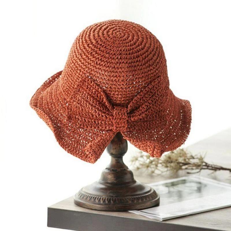 Zomerhoed met Strik en Brede Rand Dames Zonbescherming Strandhoed Ademend Katoen Khaki Beige Bruin Vakantie