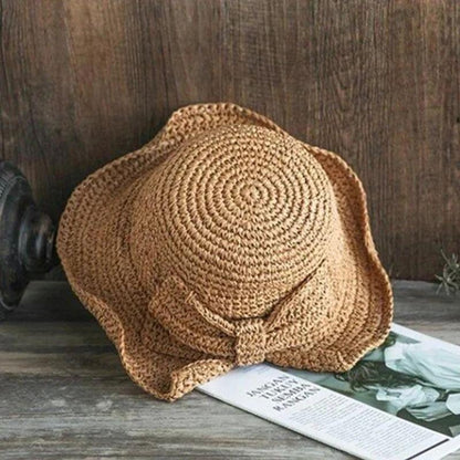 Zomerhoed met Strik en Brede Rand Dames Zonbescherming Strandhoed Ademend Katoen Khaki Beige Bruin Vakantie