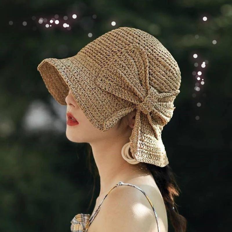 Zomerhoed met Strik en Brede Rand Dames Zonbescherming Strandhoed Ademend Katoen Khaki Beige Bruin Vakantie
