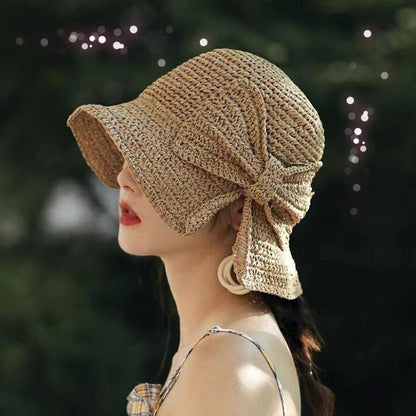 Zomerhoed met Strik en Brede Rand Dames Zonbescherming Strandhoed Ademend Katoen Khaki Beige Bruin Vakantie