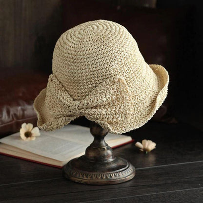 Zomerhoed met Strik en Brede Rand Dames Zonbescherming Strandhoed Ademend Katoen Khaki Beige Bruin Vakantie