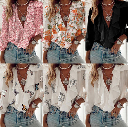 Vrouwen Blouse V-Hals Ruches Chiffon Lente Zomer