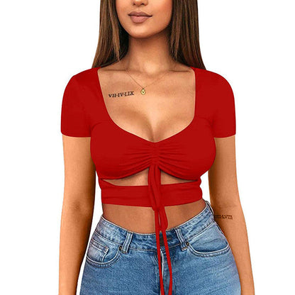 Dames Crop Top Aansluitend V-hals Trekkoord Sportief