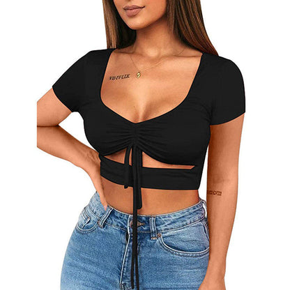 Dames Crop Top Aansluitend V-hals Trekkoord Sportief - StudioMarella