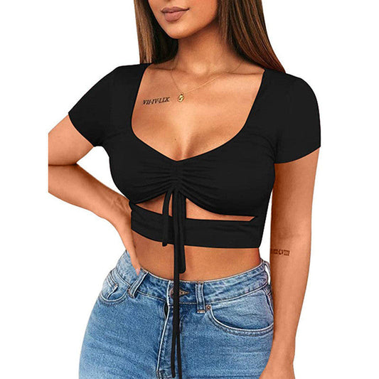 Dames Crop Top Aansluitend V-hals Trekkoord Sportief - StudioMarella
