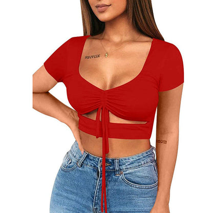 Dames Crop Top Aansluitend V-hals Trekkoord Sportief