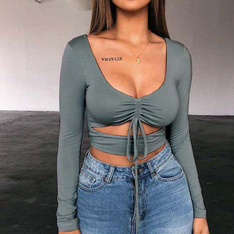 Dames Crop Top Aansluitend V-hals Trekkoord Sportief