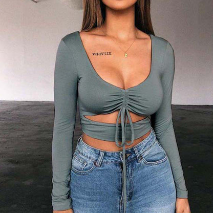Dames Crop Top Aansluitend V-hals Trekkoord Sportief