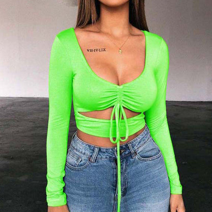 Dames Crop Top Aansluitend V-hals Trekkoord Sportief
