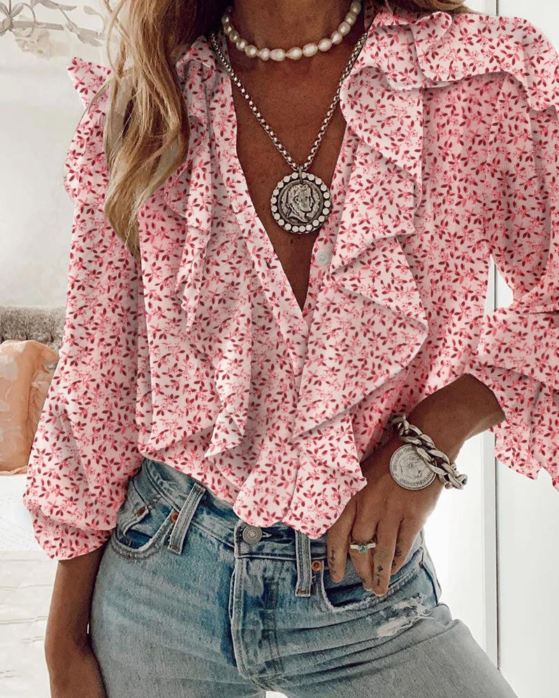 Vrouwen Bloes Bloemenprint Ruches Bohemian Stijl
