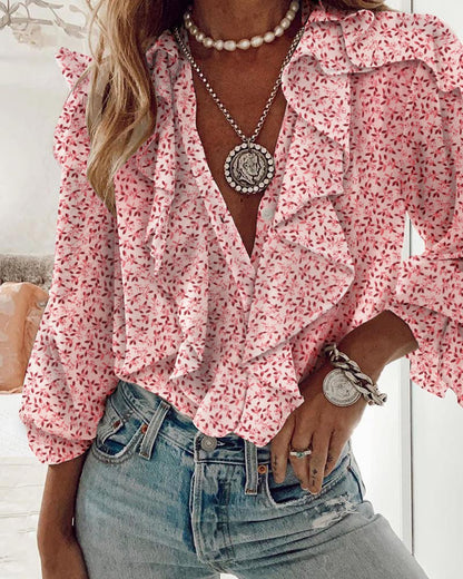 Vrouwen Bloes Bloemenprint Ruches Bohemian Stijl