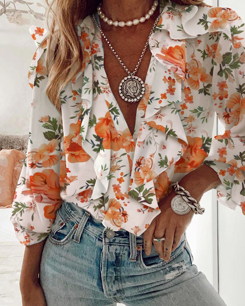 Vrouwen Bloes Bloemenprint Ruches Bohemian Stijl - StudioMarella